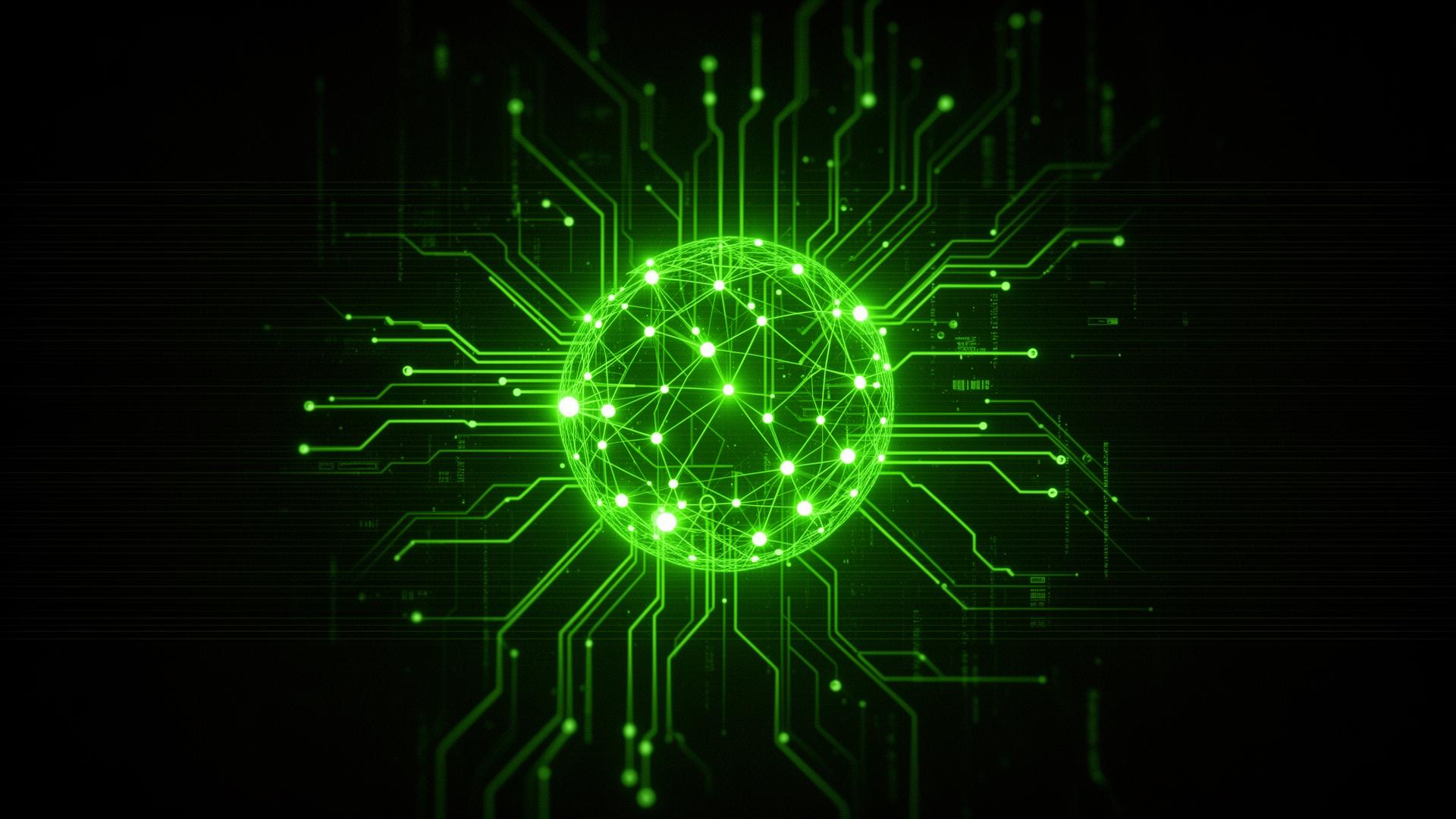 Marc Domancie AI systems — abstract green neural network and circuitry representing the AI agent stacks Marc builds